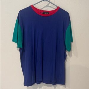 J. Crew Retro Vibrant Blue and Green Tee with Red Collar